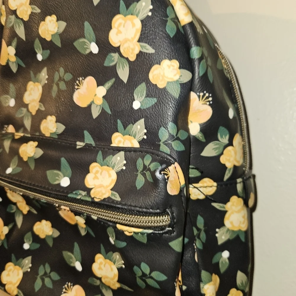 Kohls Purse Mini Backpack Handbag  Black W/ Yellow Flowers
